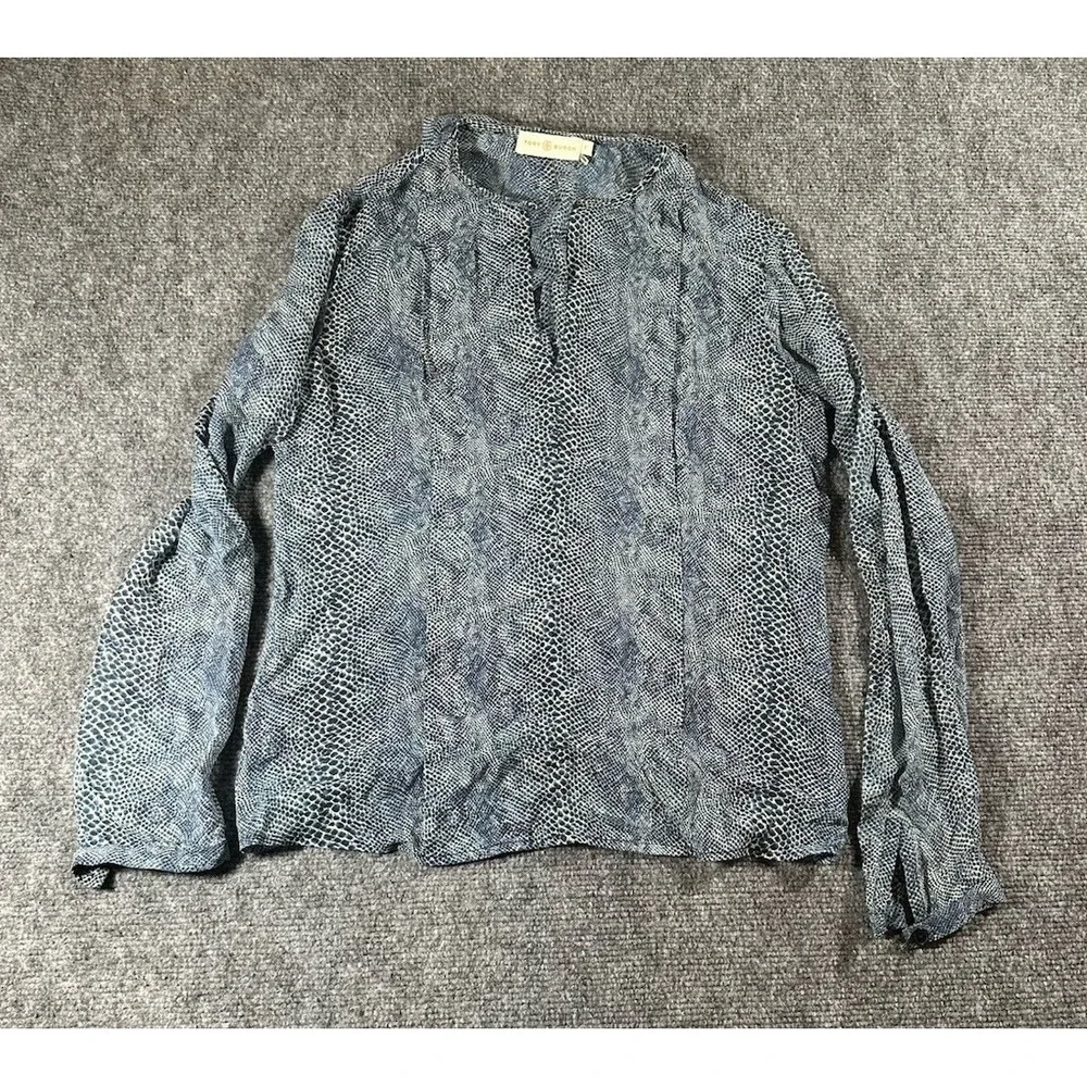 Tory Burch Women's 0 Silk LS Top Blue Reptile Skin Print Sheer Lightweight